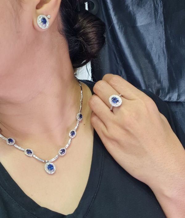 NEW Oval Station Blue Sapphire Nano Gemstone Diamond Jewelry Set 14kt Cheap