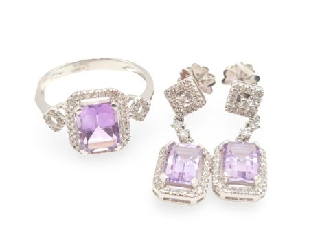 NEW Amethyst Nano Gemstone Halo Diamond Dangling Jewelry Set 14kt Hot on Sale