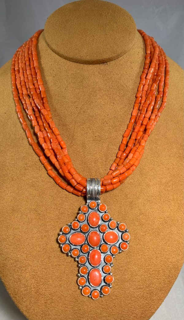 Seven Strand Coral Cross Necklace by Don Lucas Sale