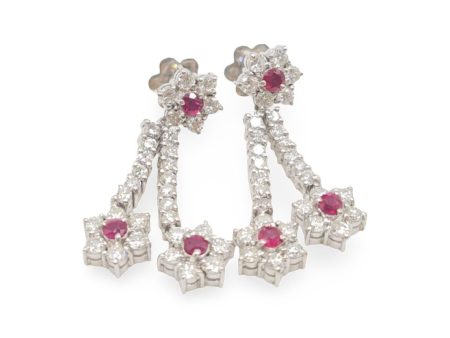 NEW Flower Pink Ruby Gemstone Dangling Diamond Earrings 18kt Online now