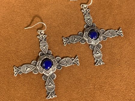 Captive Stone Lapis Cross Earrings by Gregory Segura For Sale