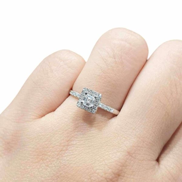 0.74cts F VVS Asscher Halo Paved Diamond Engagement Ring 14kt #0080 Cheap