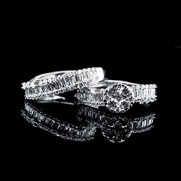 Cluster Round Twin Baguette Diamond Jewelry Set 18kt For Cheap