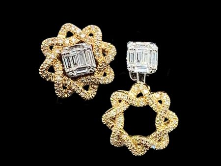 Golden Floral Deco Diamond Earrings 18kt For Sale