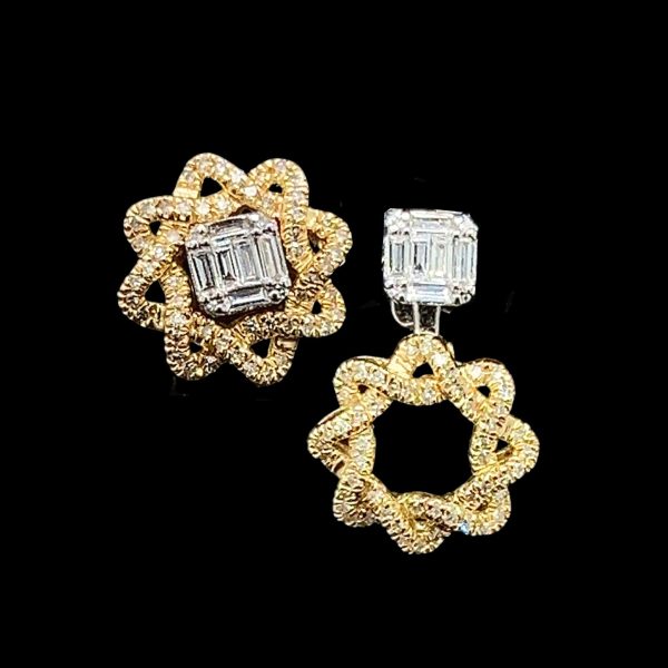 Golden Floral Deco Diamond Earrings 18kt For Sale