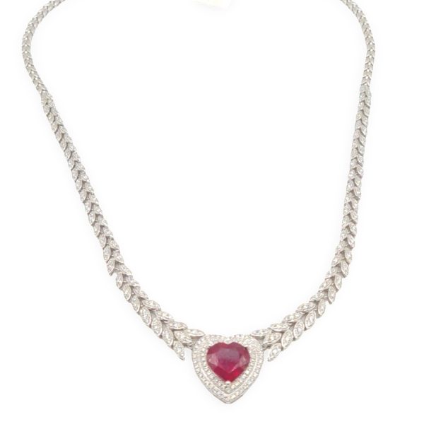 NEW Heart Red Ruby Gemstone Halo Leaf Chain Diamond Necklace 14kt Online Sale