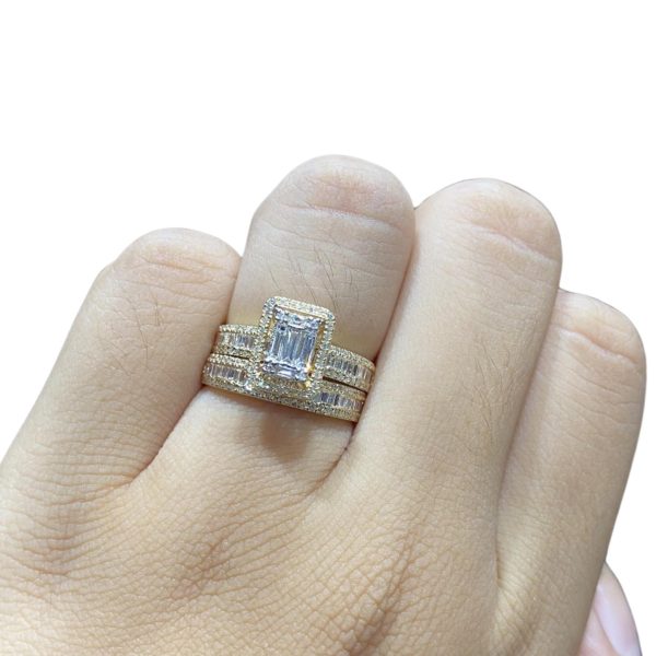 Golden Emerald Baguette Paved Twin Pair Diamond Ring 14kt Online Hot Sale