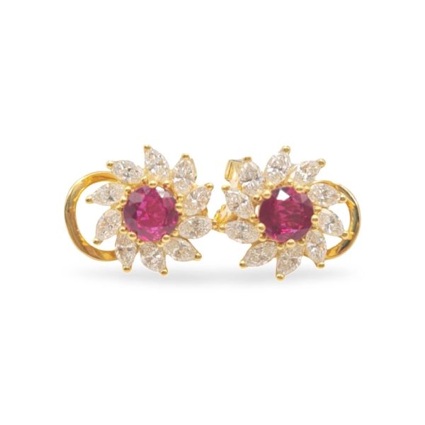 NEW Golden Flower Ruby Gemstone Diamond Earrings 18kt Online now