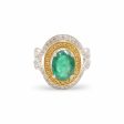 NEW Multi-Tone Oval Green Emerald Gemstone Halo Diamond Ring 14kt For Sale