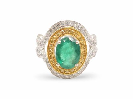 NEW Multi-Tone Oval Green Emerald Gemstone Halo Diamond Ring 14kt For Sale