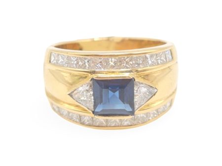 NEW UNISEX Golden Princess Cut Diamond and Blue Sapphire Gemstone Ring 14kt For Discount