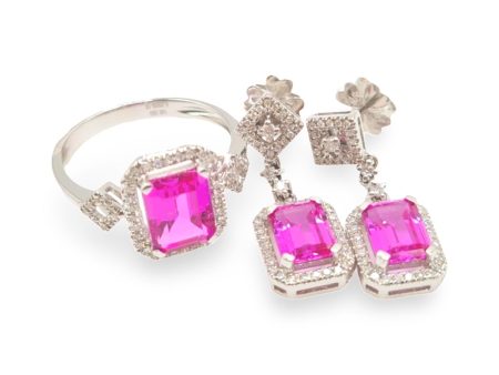 NEW Pink Ruby Nano Gemstone Halo Diamond Jewelry Set 14kt on Sale