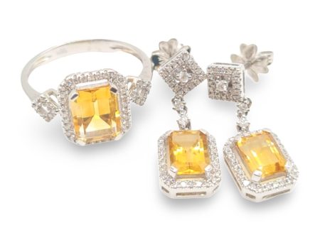 NEW Halo Citrine Gemstones Dangling Diamond Jewelry Set 14kt For Sale