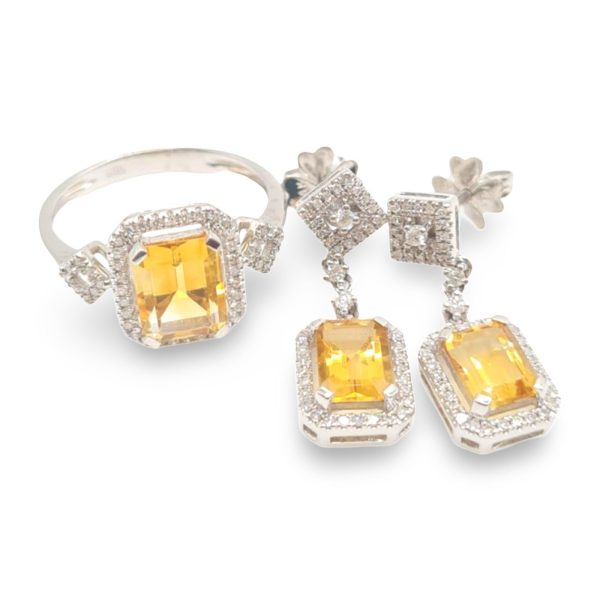 NEW Halo Citrine Gemstones Dangling Diamond Jewelry Set 14kt For Sale