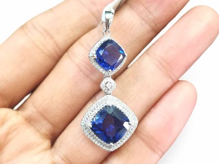 NEW Cushion Blue Sapphire Gemstone Halo Diamond Pendant 14kt Online