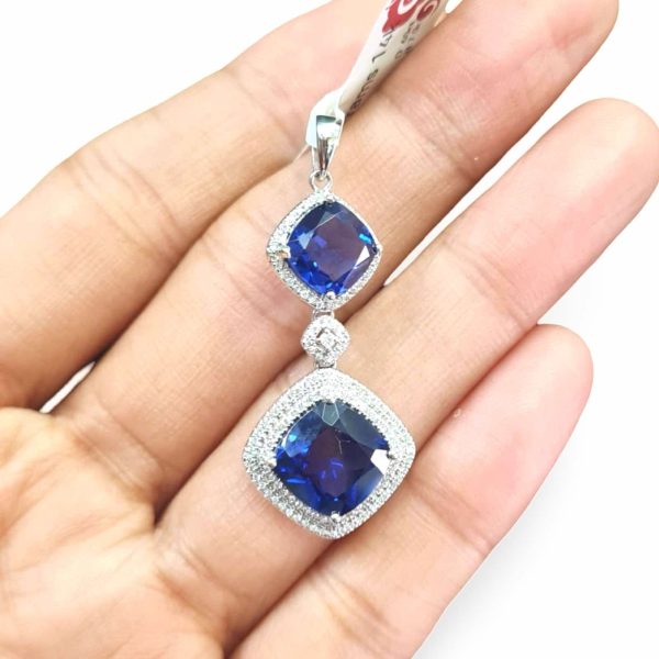 NEW Cushion Blue Sapphire Gemstone Halo Diamond Pendant 14kt Online