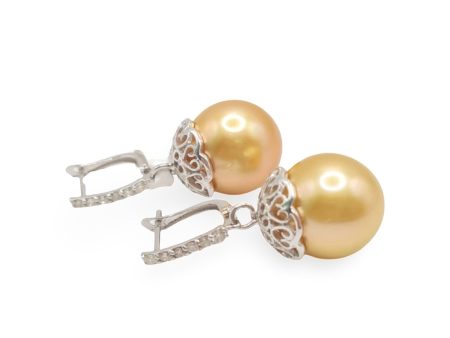 NEW Golden 13.5mm South Sea Pearl Dangling Diamond Earrings 18kt Online