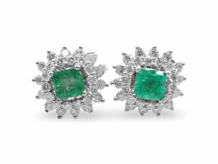 NEW Columbian Emerald Cushion Diamond Earrings 18kt Hot on Sale