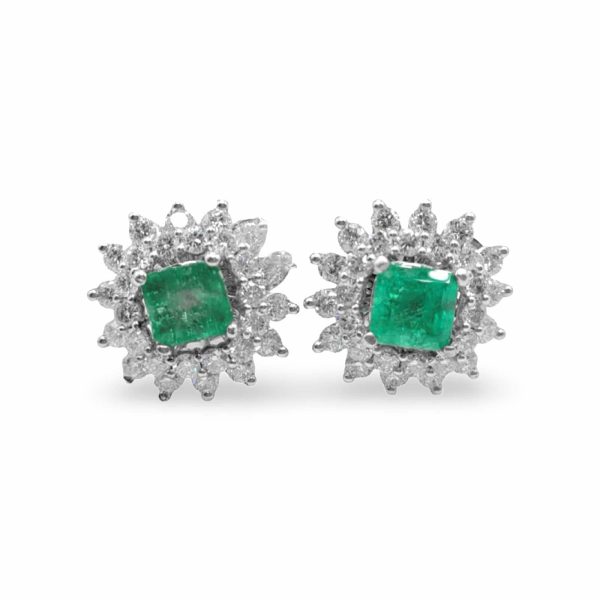 NEW Columbian Emerald Cushion Diamond Earrings 18kt Hot on Sale