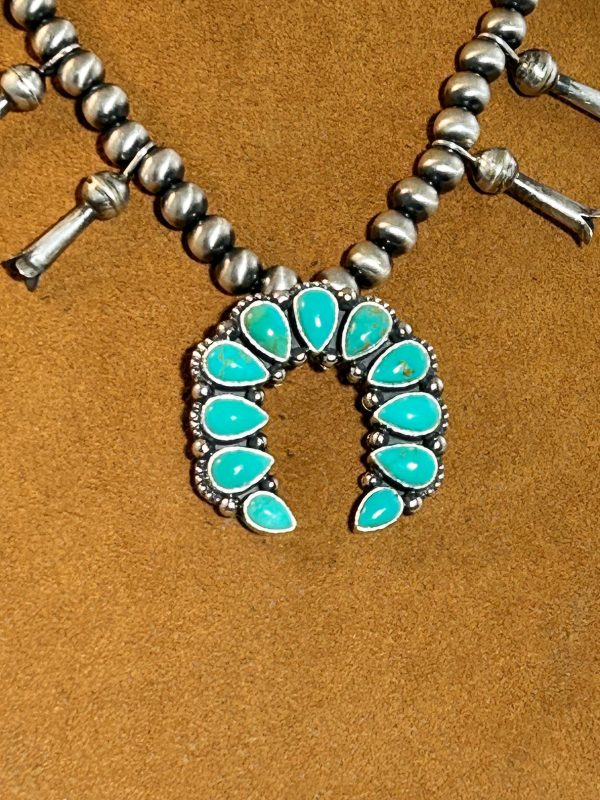 Small Sterling Silver and Turquoise Squash Blossom Necklace by Keven Randall Studios Hot on Sale