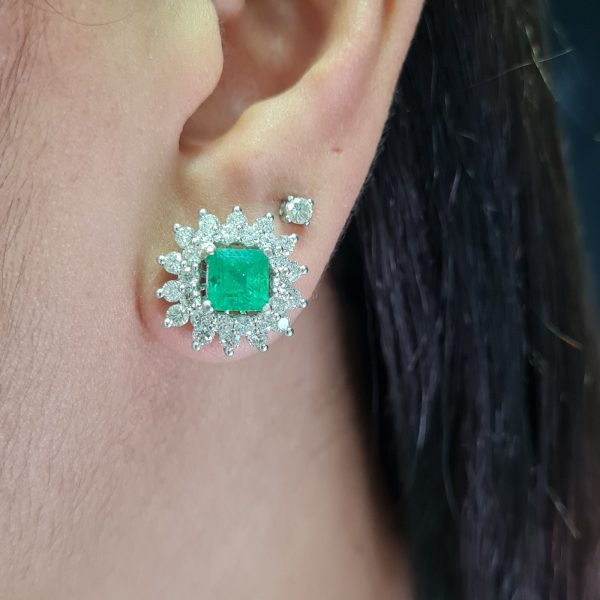 NEW Columbian Emerald Cushion Diamond Earrings 18kt Hot on Sale