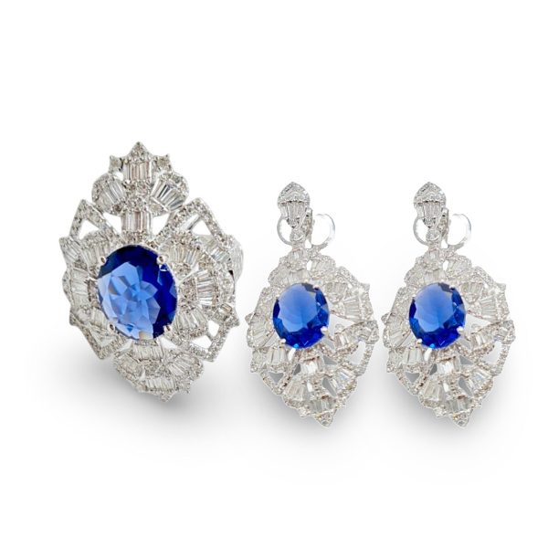 NEW Oval Blue Sapphire Statement Drop Diamond Jewelry Set 14kt Sale