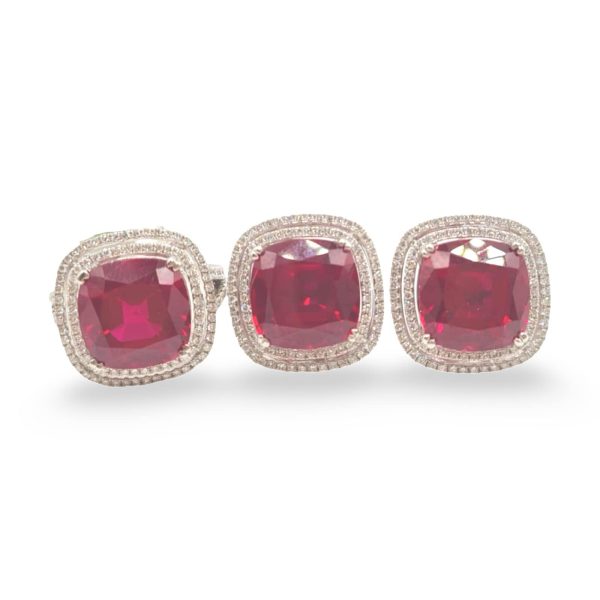 NEW Cushion Ruby Gemstone Double Halo Diamond Jewelry Set 18kt Online Sale