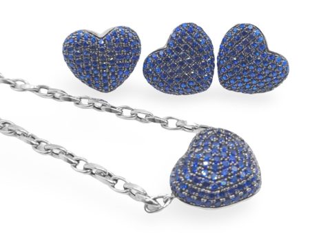 NEW Full Heart Blue Sapphire Diamond Jewelry Set 14kt For Sale