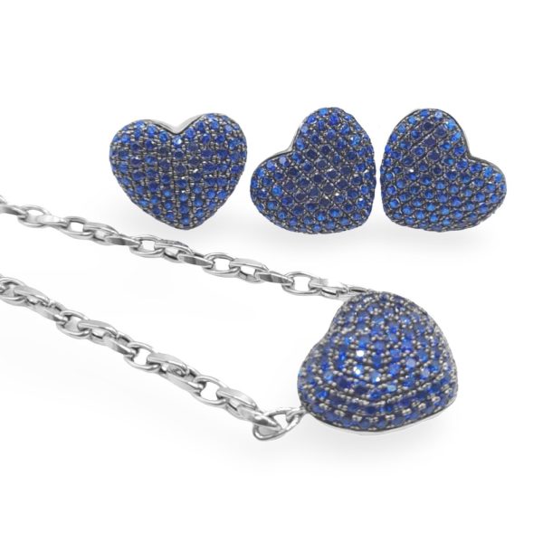 NEW Full Heart Blue Sapphire Diamond Jewelry Set 14kt For Sale