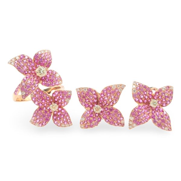 NEW Pink Flower Nano Gemstone Diamond Jewelry Set 14kt Online now