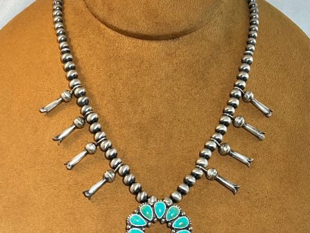 Small Sterling Silver and Turquoise Squash Blossom Necklace by Keven Randall Studios Hot on Sale