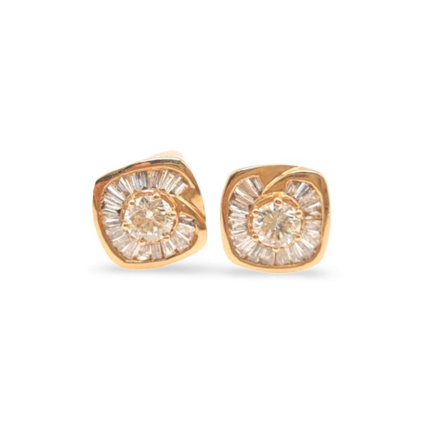 NEW Round Spiral Baguette Diamond Earrings 18kt For Sale