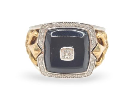 NEW Golden Black Onyx Princess Center Halo Diamond Ring Men 14kt Hot on Sale