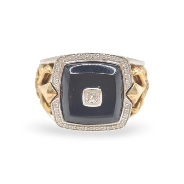 NEW Golden Black Onyx Princess Center Halo Diamond Ring Men 14kt Hot on Sale