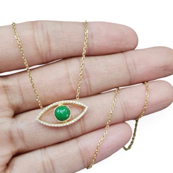 NEW Golden Evil Eye Diamond Round Jade Necklace 18kt Online Sale