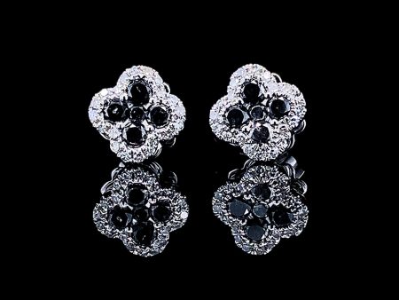 Floral Clover Stud Black Colored Diamond Earrings 14kt Fashion