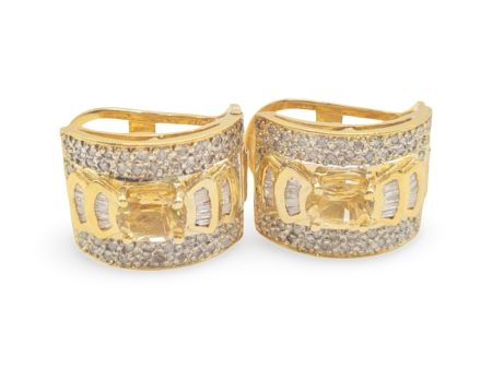 NEW Golden Citrine Gemstones Ribbon Baguette Cuff Diamond Earrings 14kt Online