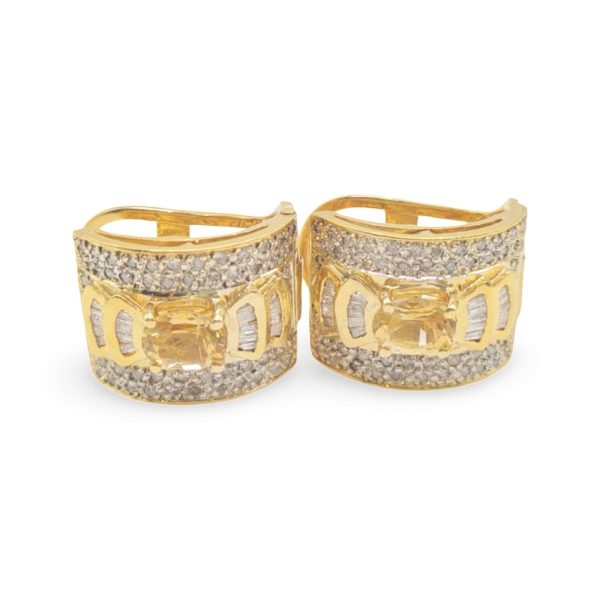 NEW Golden Citrine Gemstones Ribbon Baguette Cuff Diamond Earrings 14kt Online