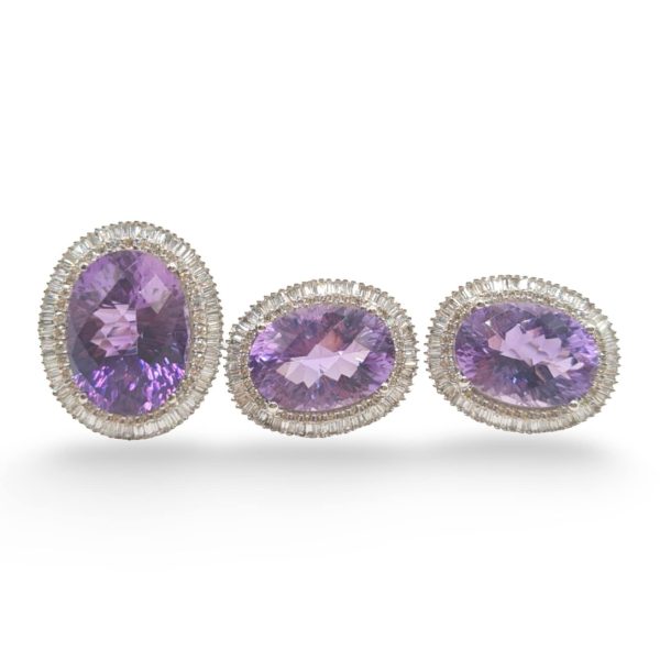 NEW Oval Amethyst Gemstone Diamond Jewelry Set 18kt For Sale