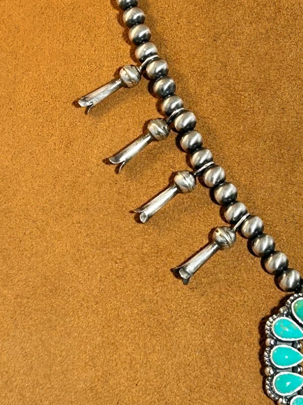 Small Sterling Silver and Turquoise Squash Blossom Necklace by Keven Randall Studios Hot on Sale