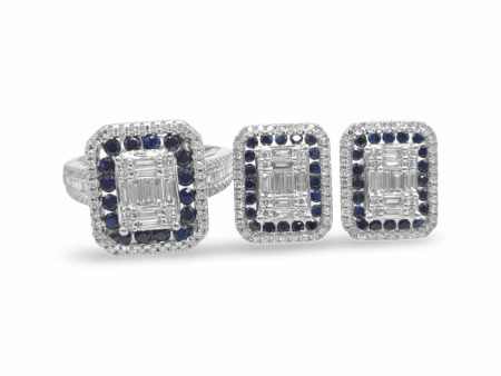 NEW Square Blue Sapphire Gemstone Baguette Diamond Jewelry Set 14kt Fashion