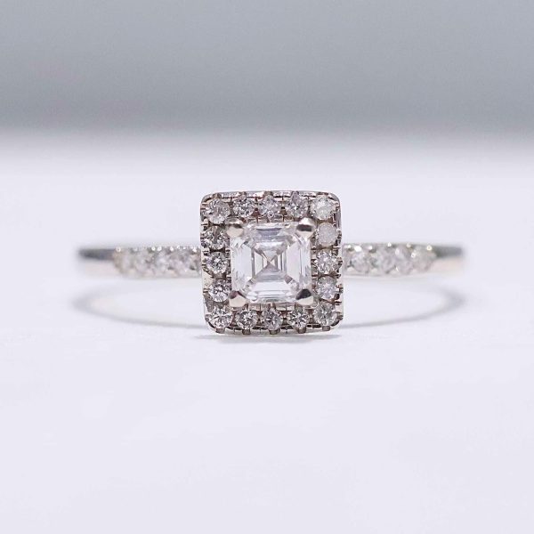 0.74cts F VVS Asscher Halo Paved Diamond Engagement Ring 14kt #0080 Cheap