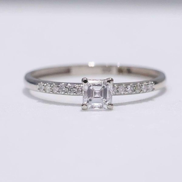 0.52cts F VS2 Asscher Paved Diamond Engagement Ring 14kt #0078 Cheap