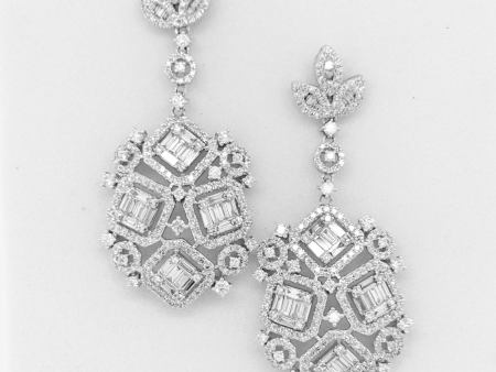 Round Baguette Dangling Diamond Earrings 14kt Hot on Sale