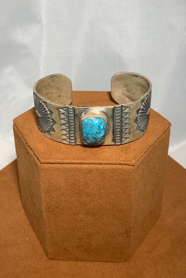 Wide Stamped Turquoise Ingot Cuff by Don Lucas For Sale