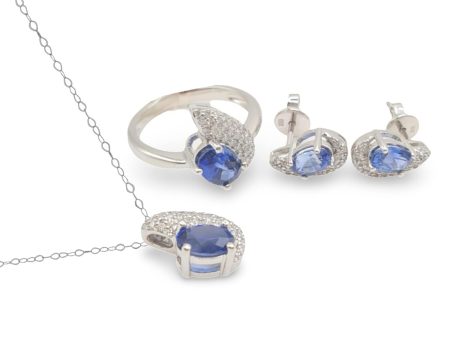 NEW Oval Blue Sapphire Gemstone Deco Diamond Jewelry Set 18kt Online Hot Sale