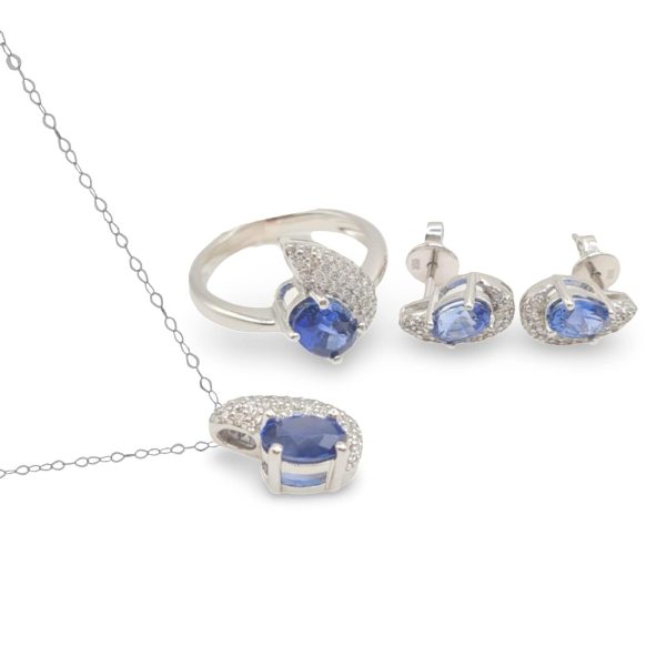 NEW Oval Blue Sapphire Gemstone Deco Diamond Jewelry Set 18kt Online Hot Sale