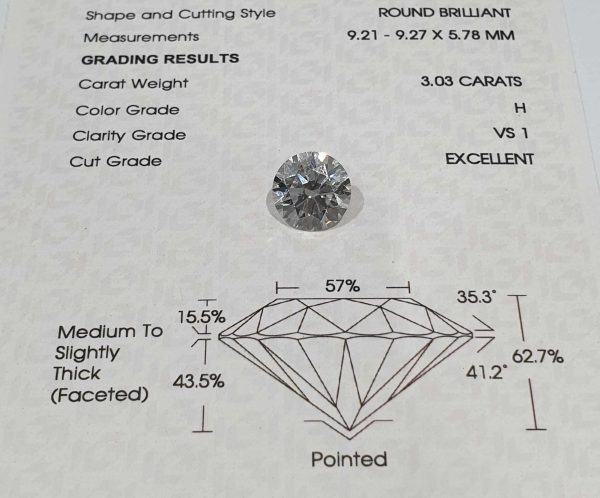 IGI Certified | 3.03ct H VS1 Round Brilliant Diamond Engagement Ring 14kt Online Sale