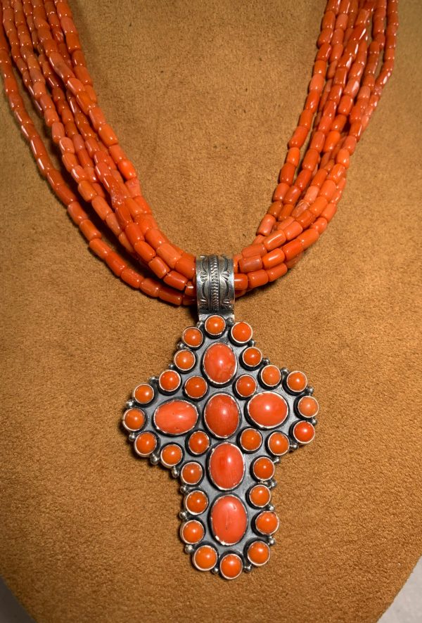 Seven Strand Coral Cross Necklace by Don Lucas Sale