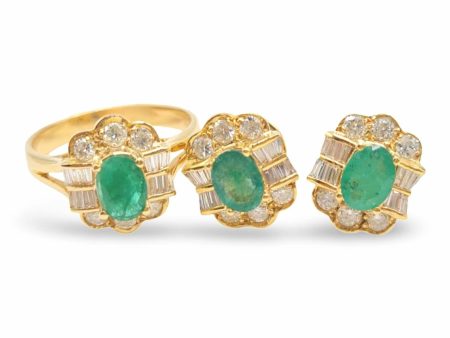 NEW Golden Flora Oval Green Emerald Gemstone Baguette Diamond Jewelry Set 14kt Sale